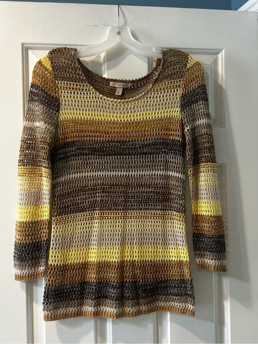 Dress Barn Lightweight Striped Crochet Sweater - Yellow & Brown - small